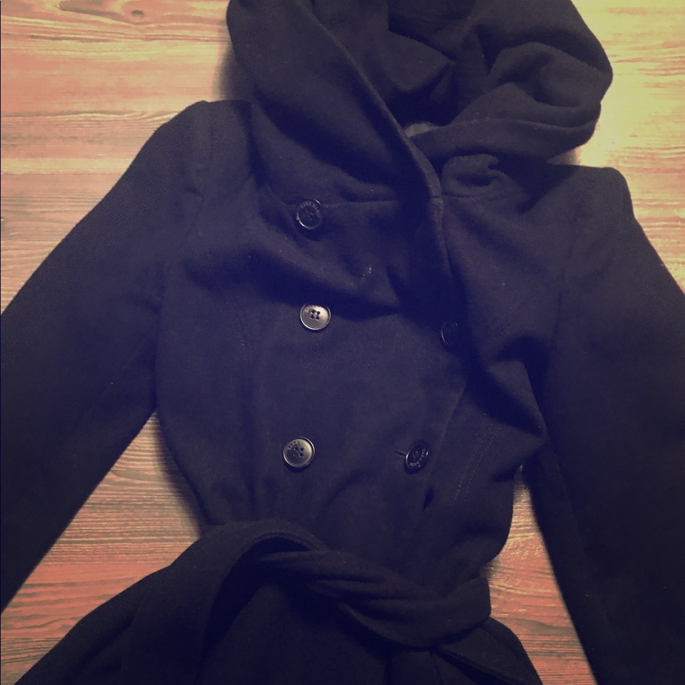 Zara navy wool coat wrap around collar